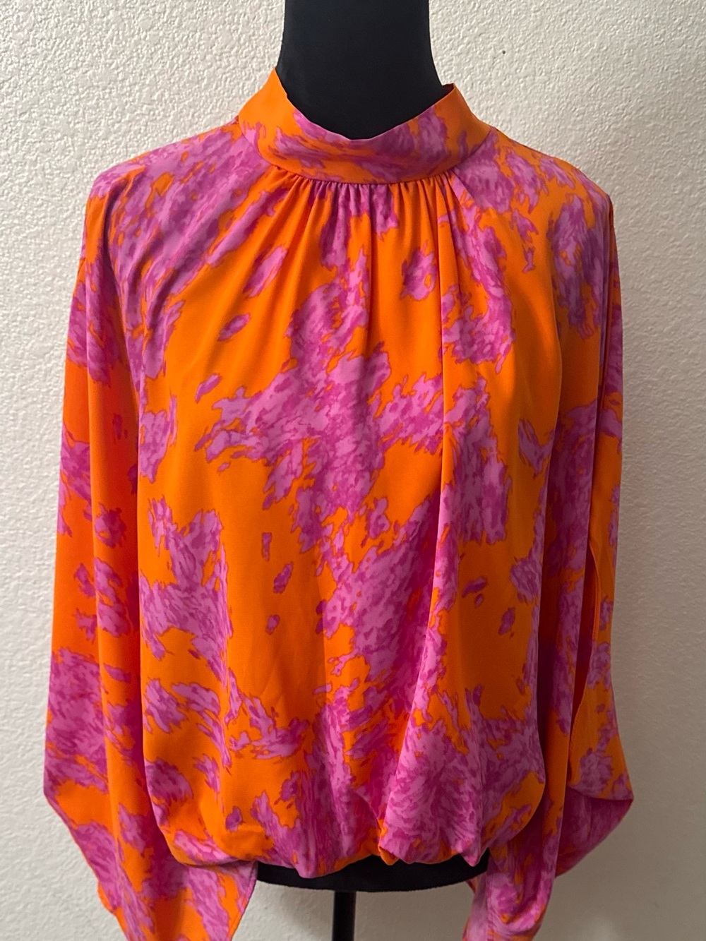 Tyche Orange and Pink Abstract Mock-Neck Blouse